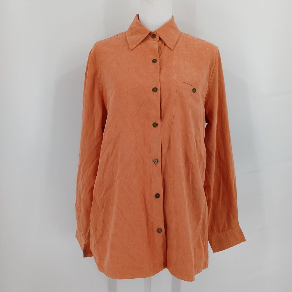 Southern Lady Women Medium Orange Textured Long Sleeve Button Down Blouse Top